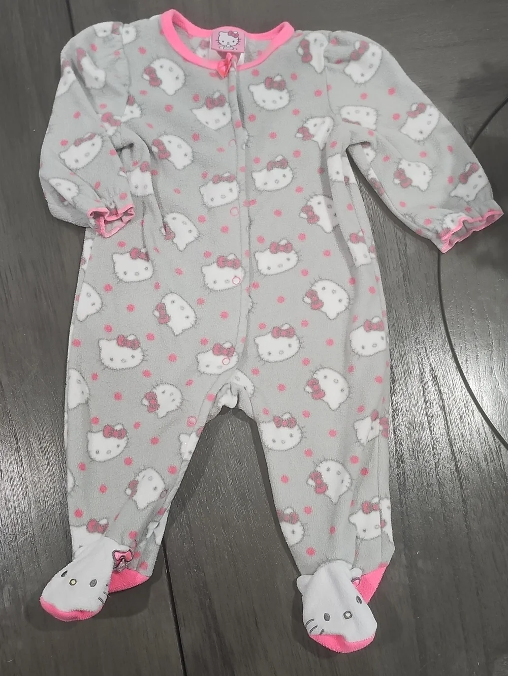 Hello Kitty Gray Fleece Footed One-Piece with Pink Trim
